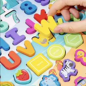 Joc Montessori Logarithm 8 in 1, cu litere, cifre, masini, animale, fructe de pescuit, din lemn - Img 5