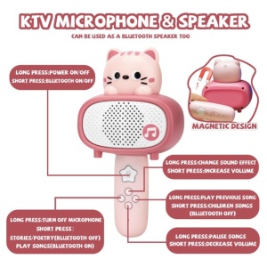 Microfon karaoke cu telecomanda, Bluetooth si incarcator cablu USB - Pisicuta roz - Img 8