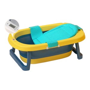 Cadita pliabila CD03 cu suport si termometru, pentru bebelusi, galben cu verde - Img 1