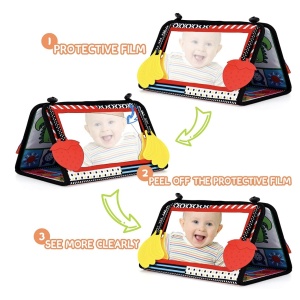 Jucarie carte Montessori bebelusi, cu oglinda, pagini fosnitoare si doua jucarii gingivale - Img 8