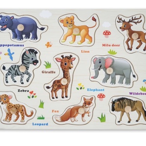 Puzzle Incastru Cu Animale Salbatice Cu Buton Si Imagini, Din Lemn - Img 2