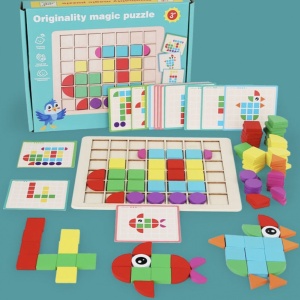 Puzzle mozaic cu piese 3D, cu 4 nivele dificultate, 120 piese, Locomotiva, din lemn - Img 4