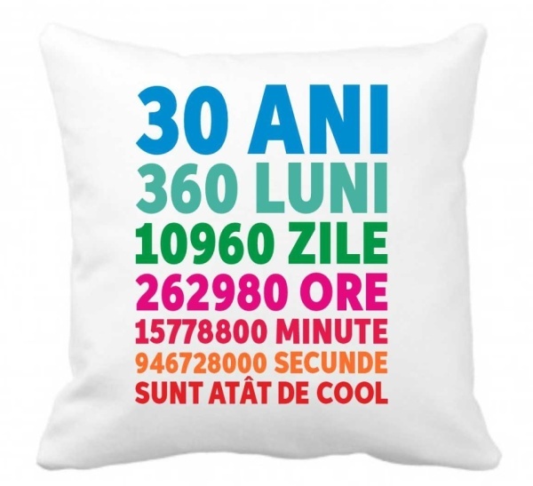 Perna 40 x 40 cm personalizata cu imprimeu "30ANI 360LUNI..." , poliester, alba, CRD PRINT