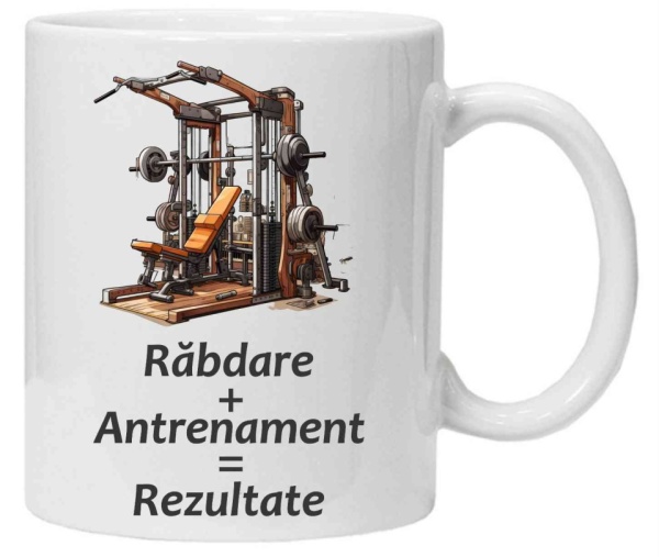 Cana personalizata cu imprimeu "rabdare+antrenament", Alb, CRD PRINT