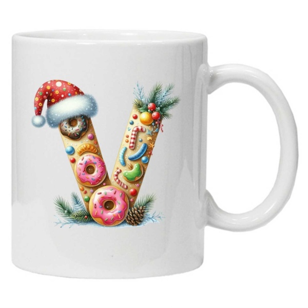 Cana personalizata cu imprimeu de iarna "litera V", Alb, CRD PRINT