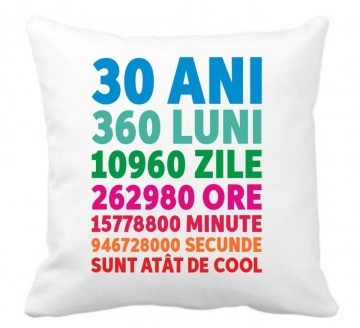 Perna 40 x 40 cm personalizata cu imprimeu "30ANI 360LUNI..." , poliester, alba, CRD PRINT