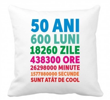 Perna 40 x 40 cm personalizata cu imprimeu "50ANI 600 LUNI....." , poliester, alba, CRD PRINT