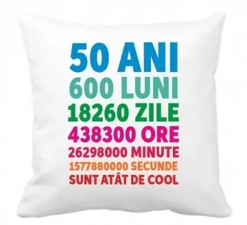Perna 40 x 40 cm personalizata cu imprimeu "50ANI 600 LUNI....." , poliester, alba, CRD PRINT