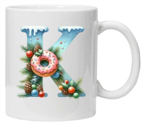 Cana personalizata cu imprimeu de iarna "litera K", Alb, CRD PRINT - Img 1