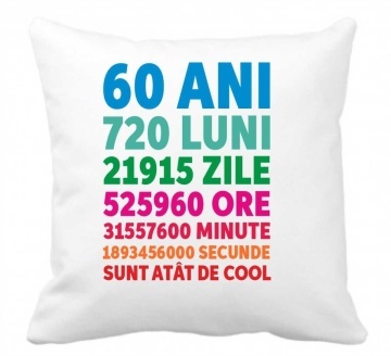 Perna 40 x 40 cm personalizata cu imprimeu "60 ANI 720 LUNI...." , poliester, alba, CRD PRINT