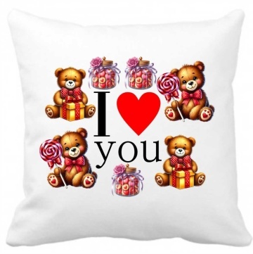 Perna 40 x 40 cm personalizata cu imprimeu "I LOVE YOU" , poliester, alba, CRD PRINT