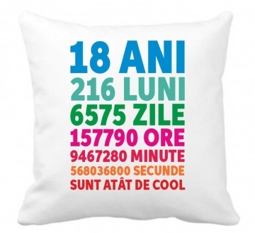 Perna 40 x 40 cm personalizata cu imprimeu "18ANI 216LUNI...." , poliester, alba, CRD PRINT