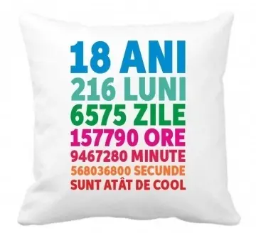 Perna 40 x 40 cm personalizata cu imprimeu "18ANI 216LUNI...." , poliester, alba, CRD PRINT