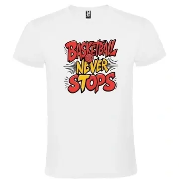 Tricou alb unisex personalizat , "basketball never stops", CRD PRINT