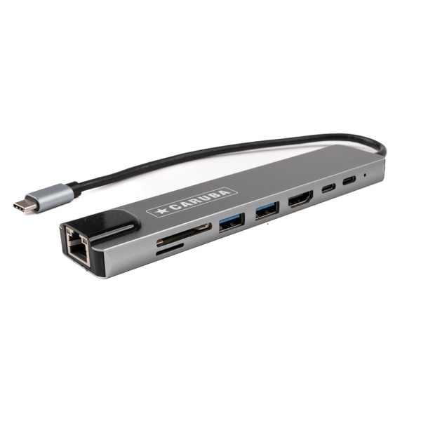 Caruba CUSB 10, Hub USB-C 8-in-1, 2x USB A + 1x HDMI 4K/30Hz + 1x RJ45 100Mbps + SD/Micro SD
