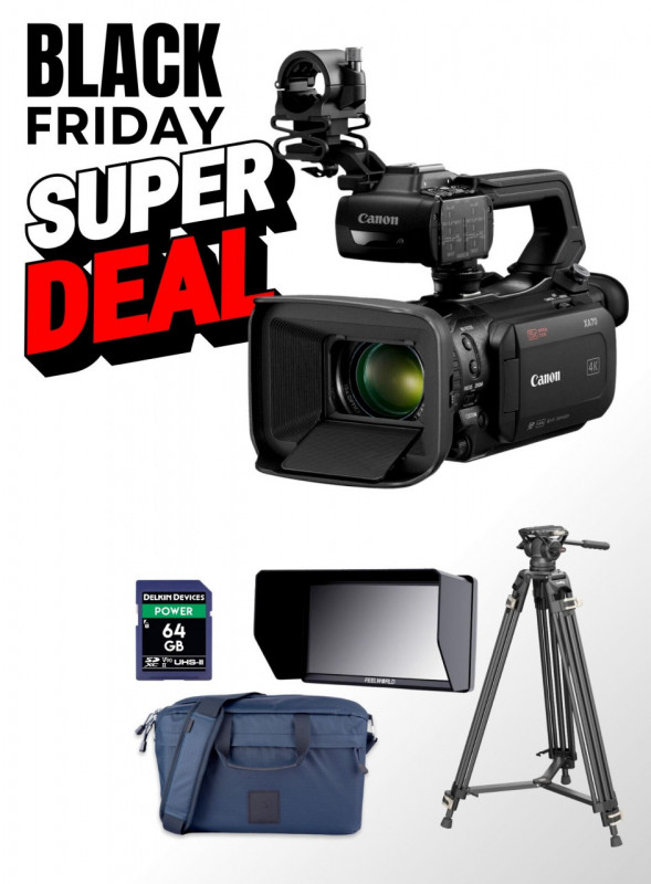 Pachet camera video Canon XA70 cu geanta, card de memorie, monitor 6" si trepied video