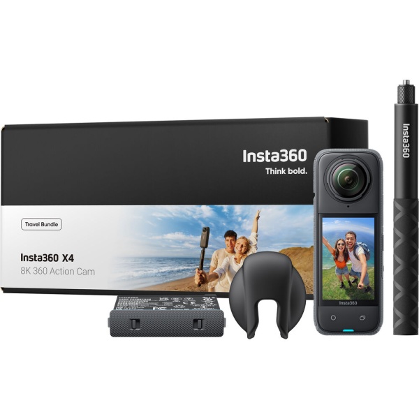 Insta360 X4 360° 8K Travel Kit, Camera de actiune cu selfiestick si baterie de rezerva