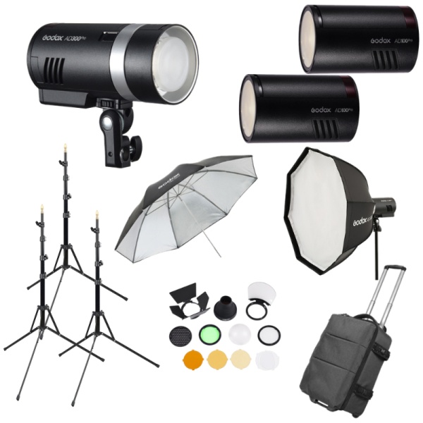 Kit Blituri Godox AD300Pro & 2 x AD100Pro, cu stative, softbox si umbrela