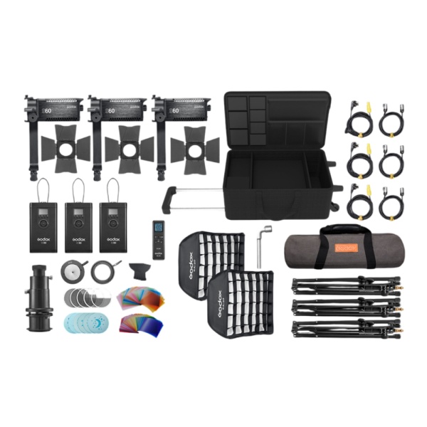 Godox S60Bi-D, Kit 3 Lampi LED Bi-Color S60Bi, 2800-6500K, cu accesorii