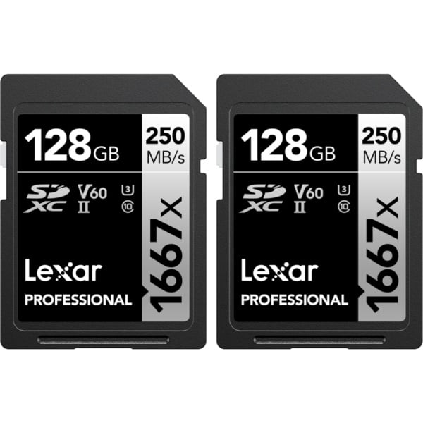Lexar SDXC Pro 128GB, 1667X UHS-II U3 R250/W120, V60 - Card de memorie (2 pack)