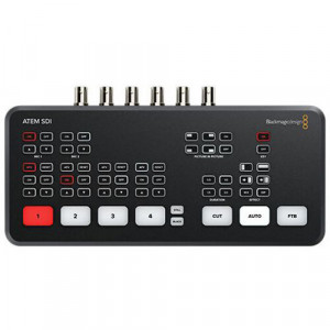 Mixer video de productie live Blackmagic Design ATEM SDI cu butoane iluminate si panou de conexiuni 3G-SDI spate