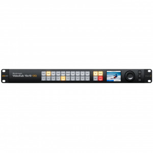Router video Blackmagic Videohub 10x10 12G cu panou de control frontal display LCD color butoane si spin knob electronic