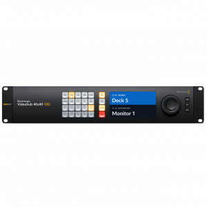 Matrice video Blackmagic Videohub 40x40 12G panou frontal cu ecran LCD de 5 inch si spatele cu 80 de conectori BNC 12G-SDI si alimentare duala redundanta