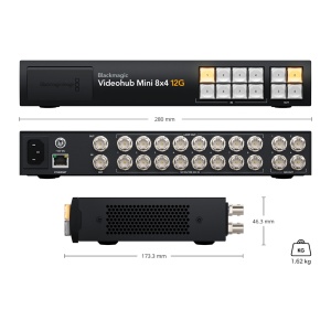 Router video profesional Blackmagic Design Videohub Mini 8x4 12G cu butoane de control frontale si conexiuni SDI pe panoul spate
