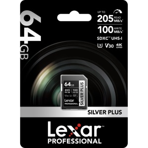Lexar SDXC Pro Silver PLUS, Card de memorie SD 64GB, UHS-I, U3, R205/W100, V30