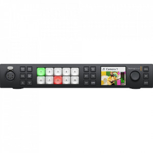 Mixer video regie live Blackmagic Design ATEM 1 M/E Constellation HD panou frontal cu ecran LCD butoane iluminate si panou conectori spate 3G-SDI