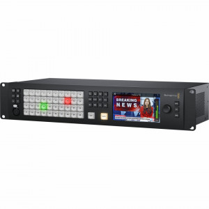 Mixer video profesional Blackmagic Design ATEM 4 M/E Constellation HD panou frontal cu LCD color si butoane iluminate si panou spate cu conectica SDI masiva