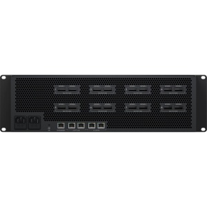 Mixer video live production profesional Blackmagic Design ATEM 4 M/E Constellation IP Plus vizualizat din spate cu cele 16 conexiuni QSFP28 100G si intrari duale de alimentare IEC C14