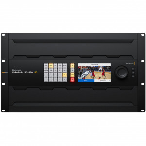 Router video profesional Blackmagic Design Videohub 120x120 12G vedere frontală cu ecran LCD de 5 inch și panou de butoane pentru rack de 4U