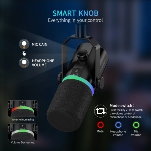 Feelworld PM1-XS Negru, Microfon Dinamic Cardioid, RGB, XLR si USB-C
