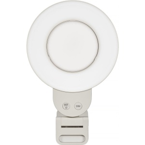 Lampa Godox LR30Bi împreună cu accesoriile incluse: suport telefon, oglindă magnetică și cablu USB-C.