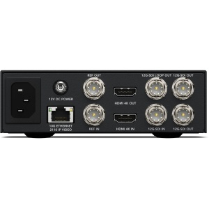 Convertor de standarde broadcast Blackmagic 2110 IP UpDownCross 12G panou frontal cu ecran LCD de 2.2 inch si panou conectori spate cu porturi 12G-SDI, HDMI si 10G Ethernet
