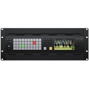 Mixer video live production Ultra HD Blackmagic Design ATEM 4 M/E Constellation 4K Plus panou frontal cu ecran LCD si butoane iluminate si panou spate cu 80 de intrari 12G-SDI