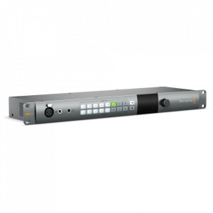 Sistem de intercom si conversie 12G-SDI Blackmagic Design ATEM Talkback Converter 4K montat in rack cu butoane frontale si conexiuni BNC pe panoul spate