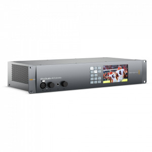 Interfata de captura si redare broadcast Blackmagic Design UltraStudio 4K Extreme 3 montata in rack 2U cu ecran LCD frontal si panou masiv de conexiuni spate