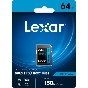 Card de Memorie 64GB, Lexar SDXC 800x Pro UHS-I cards, C10 (V30) U3, R150 MB/s