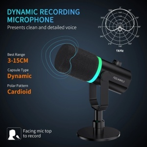 Feelworld PM1-XS Negru, Microfon Dinamic Cardioid, RGB, XLR si USB-C