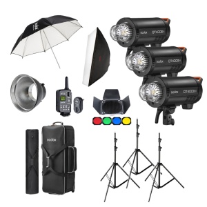 Godox QT400IIIM-D, Kit 3 Blițuri QT400IIIM cu stative, softbox, umbrelă și accesorii