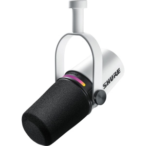 Shure MV7 Plus Alb, Microfon Dinamic Hibrid, XLR/USB-C, DSP, LED Color, Denoiser