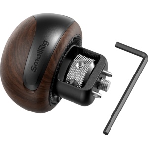 Mâner lateral SmallRig 5926 Mini Wooden Side Handle montat pe o cușcă de cameră mirrorless