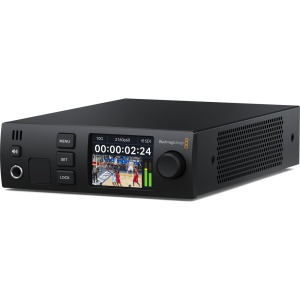 Convertor de standarde broadcast Blackmagic 2110 IP UpDownCross 12G panou frontal cu ecran LCD de 2.2 inch si panou conectori spate cu porturi 12G-SDI, HDMI si 10G Ethernet