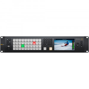 Mixer video live profesional Blackmagic Design ATEM 4 M/E Constellation 4K panou frontal cu ecran LCD butoane LED si conexiuni 12G-SDI spate