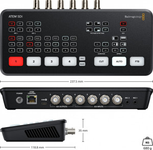 Mixer video de productie live Blackmagic Design ATEM SDI cu butoane iluminate si panou de conexiuni 3G-SDI spate
