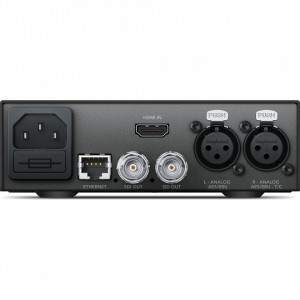 Convertor profesional Blackmagic Design Teranex Mini HDMI to SDI 12G panou frontal si conexiuni spate cu porturi XLR si SDI