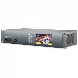 Interfata de captura si redare broadcast Blackmagic Design UltraStudio 4K Extreme 3 montata in rack 2U cu ecran LCD frontal si panou masiv de conexiuni spate