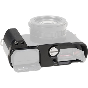 Maner cu placa de montare in forma de L SmallRig 5700 pentru Panasonic LUMIX L10, vedere din fata si profil cu zona de prindere din silicon